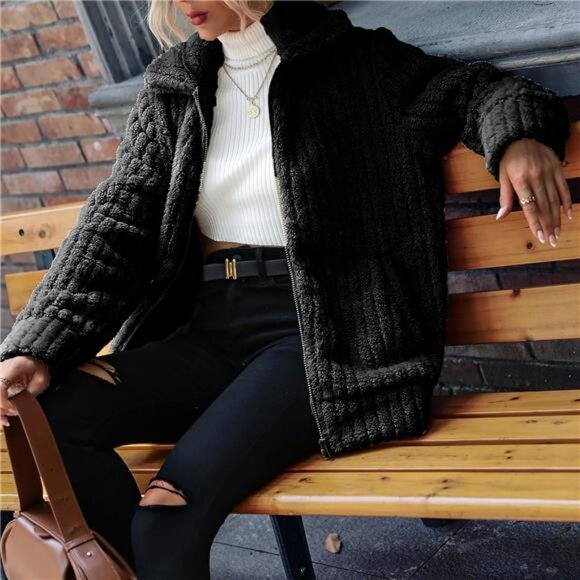 Women's Fleece Jacket Full Zip Long Sleeve Lapel Collar Sherpa Coat with Pockets - Picture 5 of 6